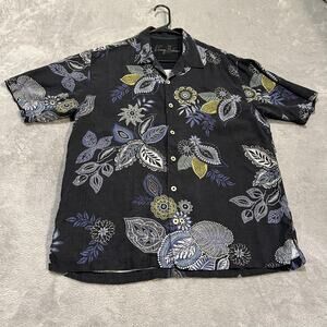 Tommy Bahama Shirt Mens Large Black 100% Silk Floral Hawaiian Camp Short Sleeve